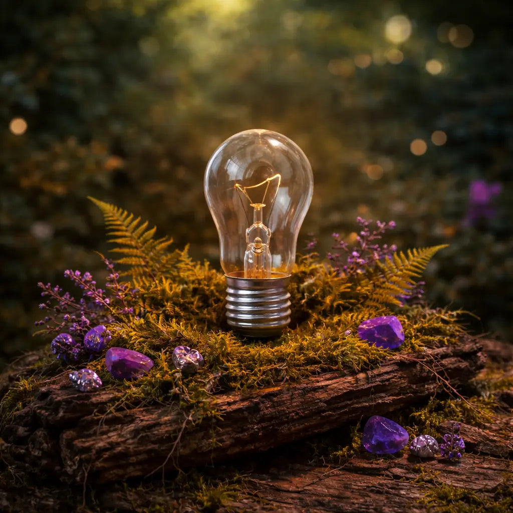 Ampoule pour Lampe en Sel de l'Himalaya 7W E14 à filament, posée sur une écorce moussue avec cristaux, pour une ambiance tamisée.