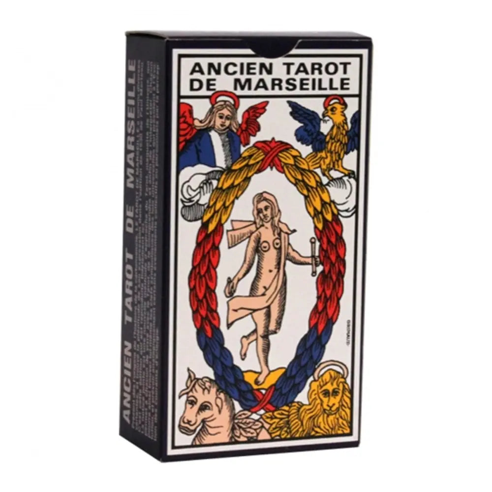 Ancien Tarot de Marseille : boîte noire avec illustration centrale (Le Monde) et titre en haut.