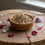 Racine d’angélique coupée pour fumigation, beige doré, dans une coupelle en bois posée sur une tranche de bois avec cristaux et pétales de rose.