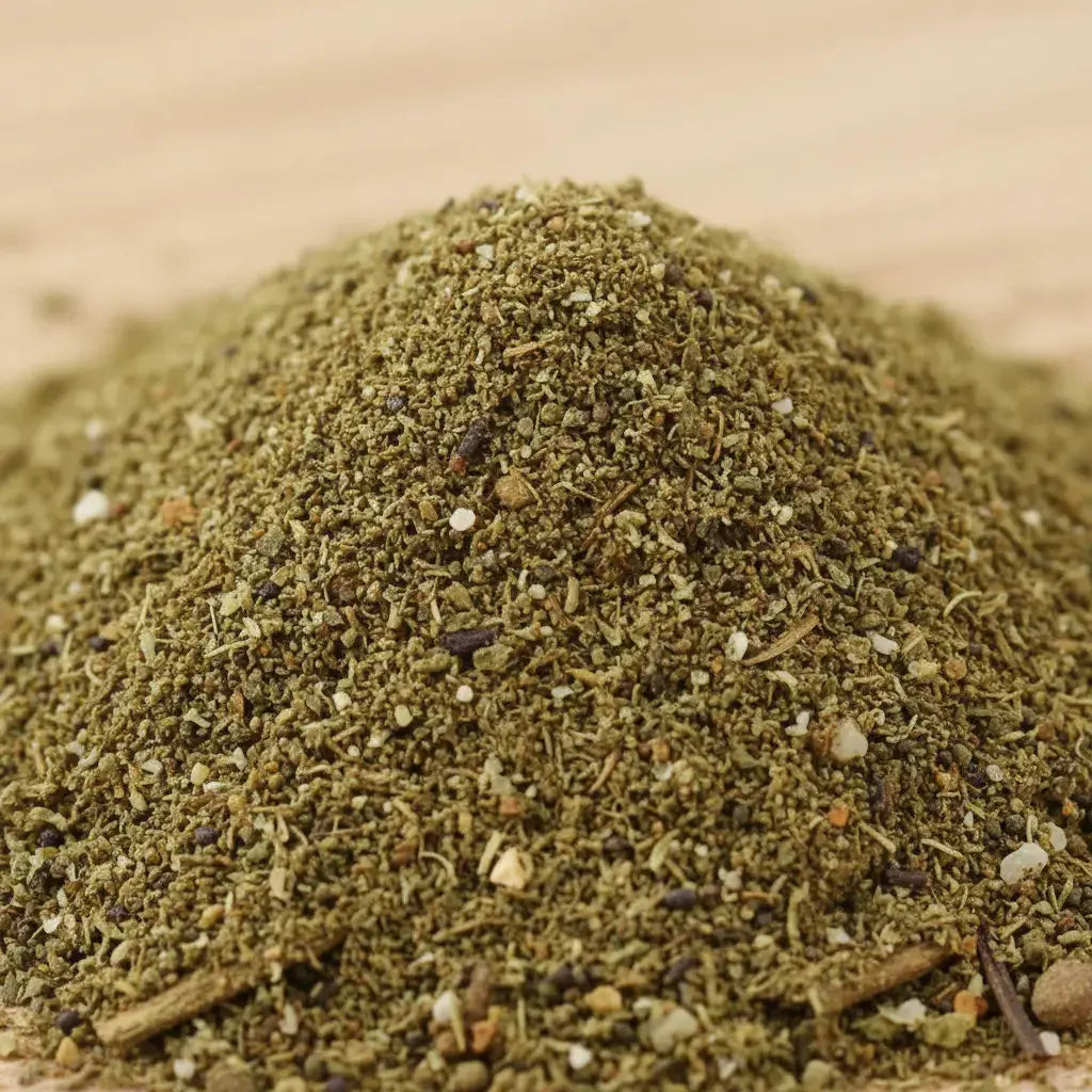 Gros plan sur un tas de poudre d’encens verte aux grains fins et naturels.