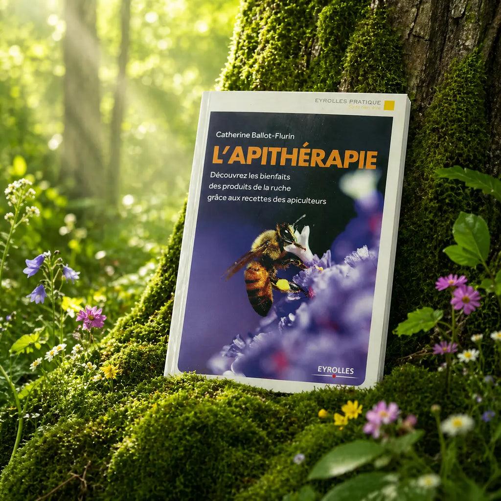 Livre L'Apithérapie de Catherine Ballot-Flurin posé contre un arbre moussu, illustré d'une abeille butinant une fleur violette sous une lumière printanière.
