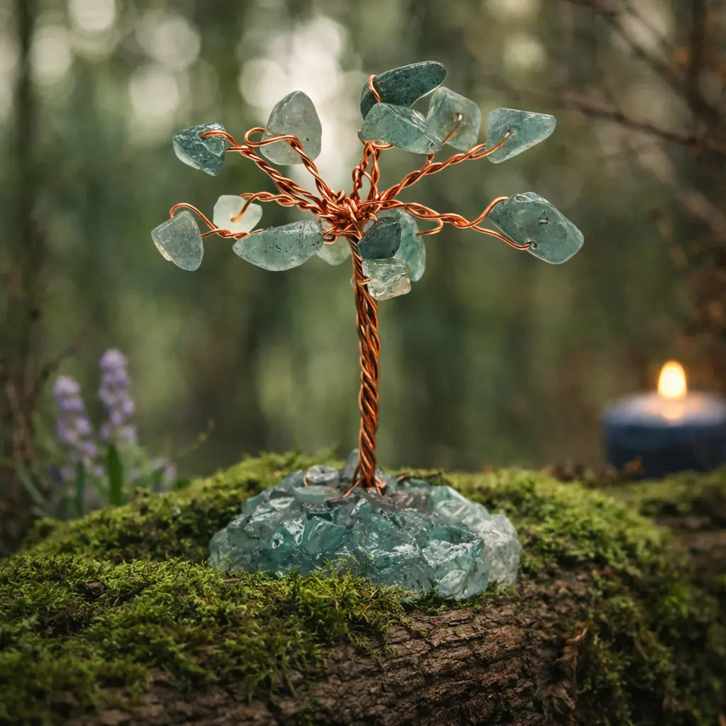 Miniature d'arbre de vie avec un tronc en fil de cuivre torsadé et des feuilles en éclats d'aventurine verte, posée sur une base en cristaux et de la mousse.