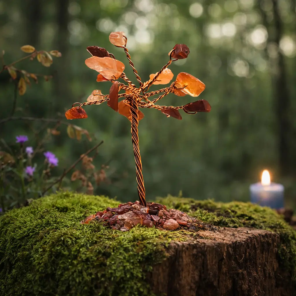 Miniature d'un arbre de vie aux feuilles de cornaline orange translucide sur un tronc torsadé, posé sur une souche de bois dans une forêt mystique avec une bougie.