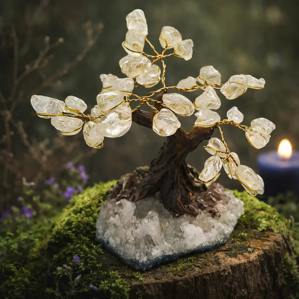 Arbre du bonheur aux feuilles de cristal de roche translucide, monté sur un socle de pierre brute et un tronc sculpté, illuminé par une bougie.