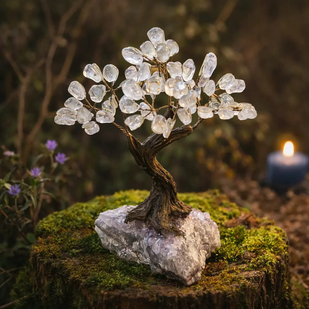 Majestueux arbre de vie aux feuilles de cristal de roche translucide, ancré sur un socle d'améthyste brute au cœur d'une forêt mystique éclairée par une bougie.