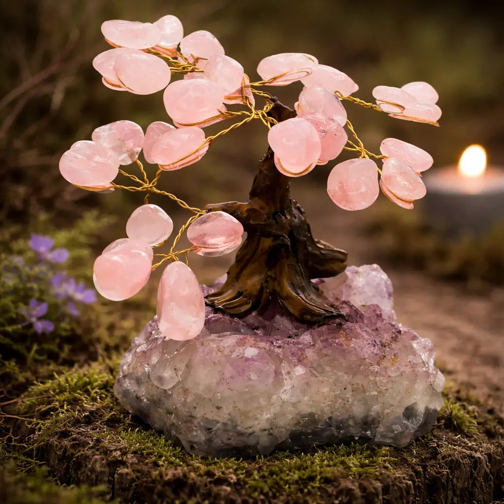 Arbre de vie aux feuilles de quartz rose poli, s'élevant d'un socle d'améthyste violette brute, baigné dans une aura mystique et chaleureuse.