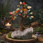 Grand arbre de vie décoratif aux branches dorées ornées de pierres multicolores, s'élevant d'un socle massif en améthyste brute sur une tranche de bois.