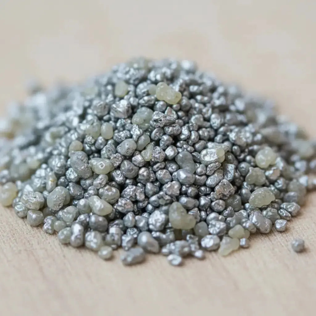 Gros plan sur un monticule de grains d'encens de résine Argent, montrant des billes gris métallisé brillant mélangées à des morceaux de résine jaune pâle, sur une surface claire.