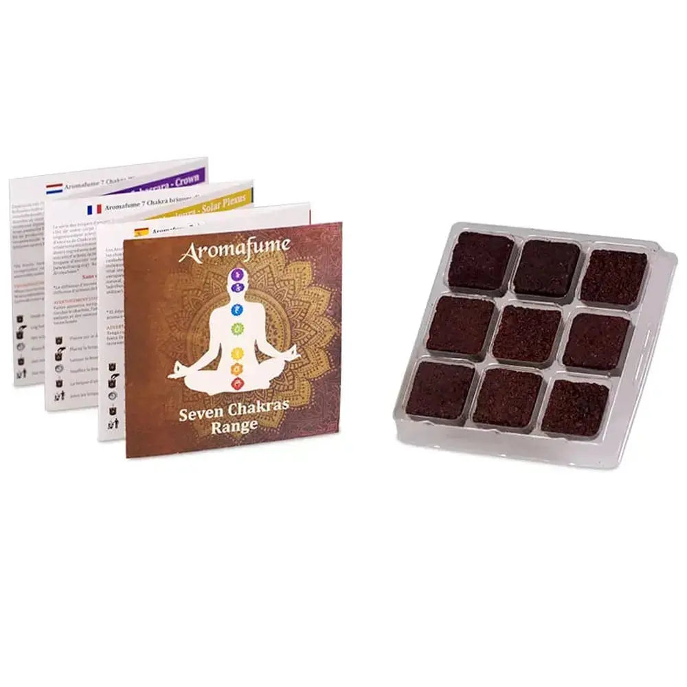 Coffret Aromafume Seven Chakras, packaging marron avec silhouette méditation, livrets inclus et 9 briques d’encens en barquette, sur fond blanc.
