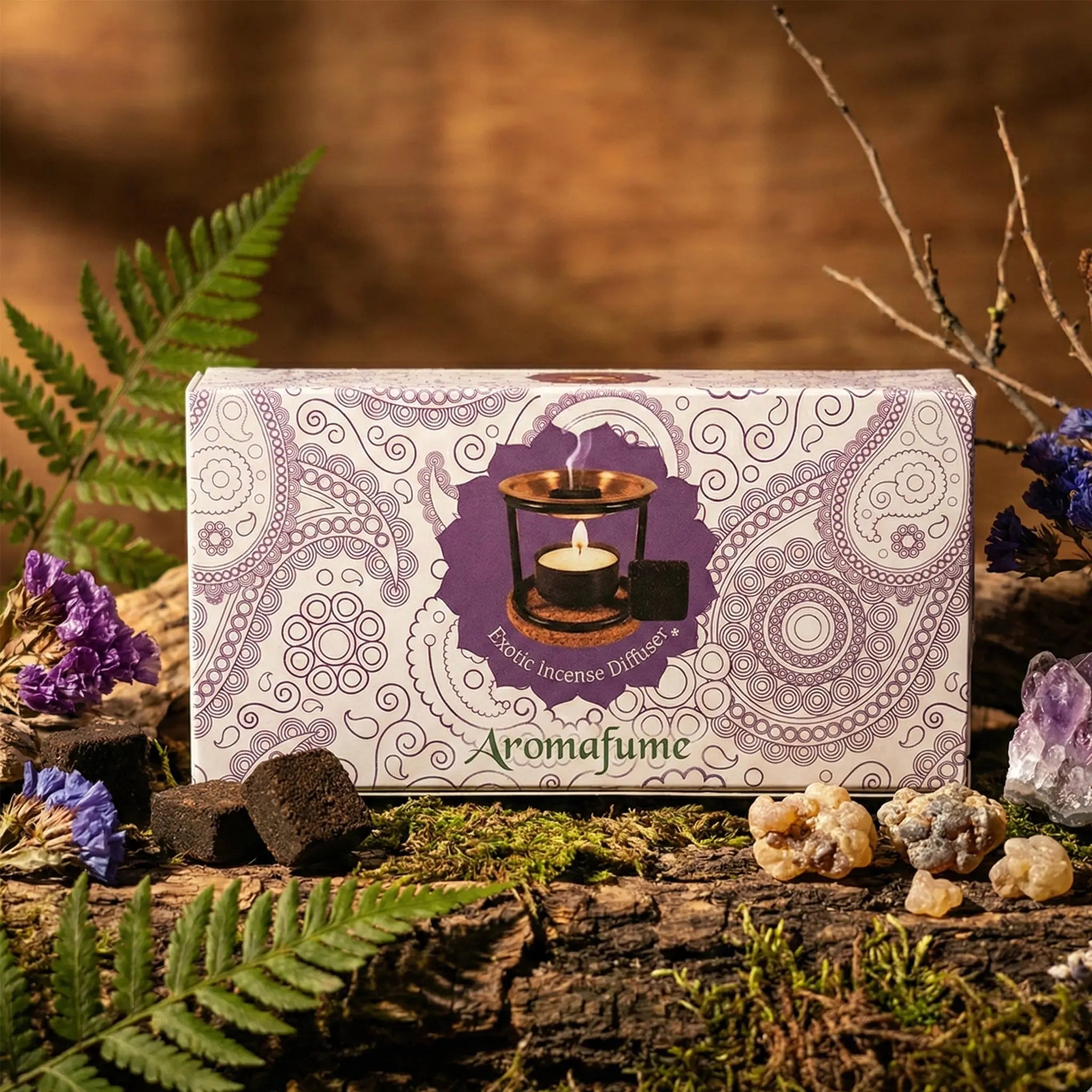 Boîte violette ornée de motifs cachemire Aromafume - Briques d'Encens Magic Lavender avec carrés d'encens pour rituel zen
