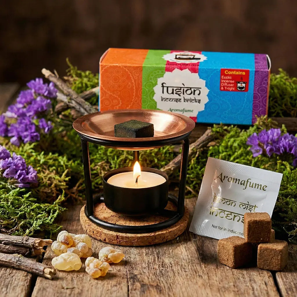Coffret coloré Aromafume - Brûle Encens Exotic Diffuseur + Briques d'Encens Fusion avec support en fer noir et cuivre