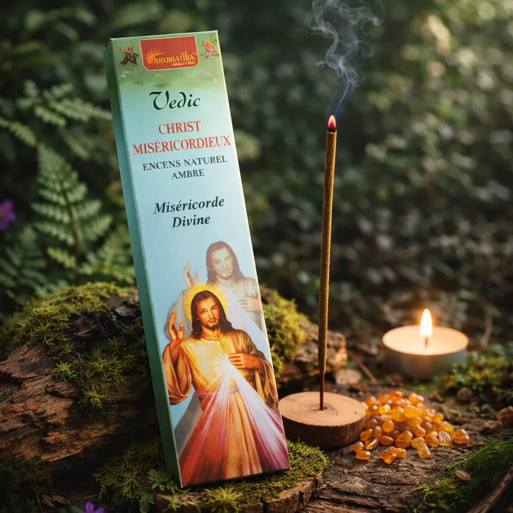 Boîte d'encens vert pâle Christ Miséricordieux Aromatika posée contre un tronc moussue en forêt, accompagnée d'un bâtonnet fumant, d'une bougie et de pierres d'ambre résineuses.