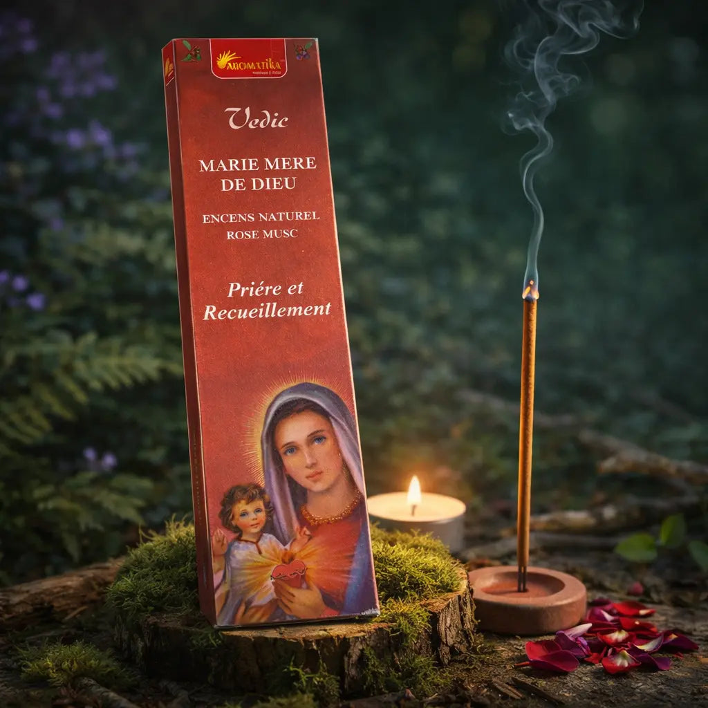 Boîte d'encens rouge Marie Mère de Dieu Aromatika posée sur une souche moussue en forêt, avec un bâtonnet fumant, une bougie et des pétales de roses rouges.