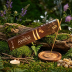 Boîte d'encens Pontifical Aromatika posée sur de la mousse naturelle en forêt avec un bâtonnet fumant sur un support en bois et une bougie chauffe-plat.