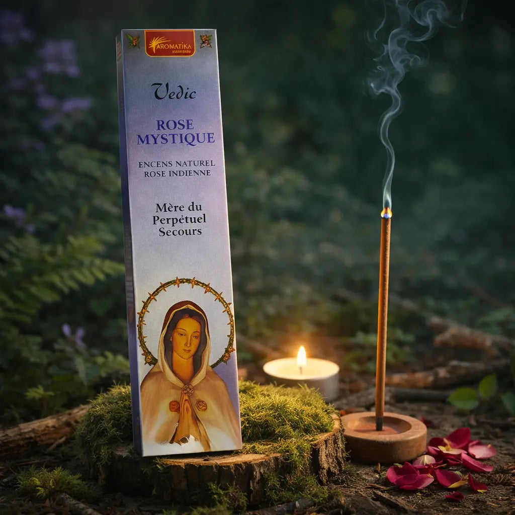 Boîte d'encens Rose Mystique Aromatika bleutée avec l'image de la Vierge, posée sur un tronc moussu en forêt avec un bâtonnet fumant et des pétales de fleurs rouges.