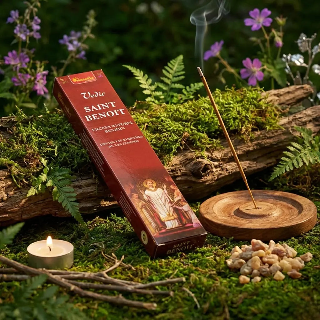 Boîte d'encens Saint Benoît Aromatika de couleur bordeaux, posée sur un tronc moussu en forêt avec un bâtonnet fumant, une bougie et des cristaux de résine de benjoin.