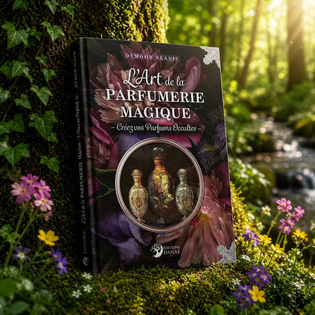 Livre L'Art de la Parfumerie Magique de Dymoon Slavic posé contre un arbre, illustré de pivoines sombres et de trois flacons de parfum anciens dans un médaillon.