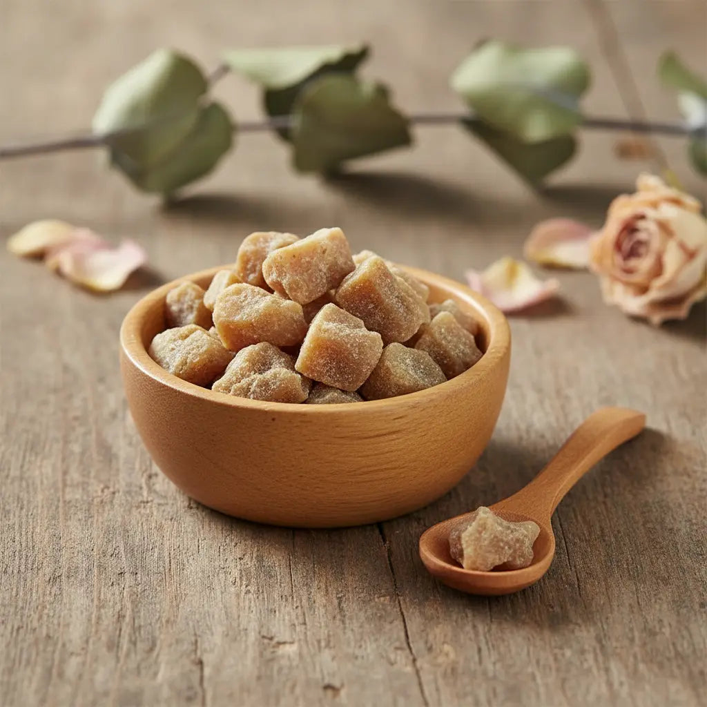 Morceaux de résine Asa Foetida (brun clair/caramel) de forme irrégulière, dans un petit bol en bois avec cuillère, sur une planche de bois rustique.