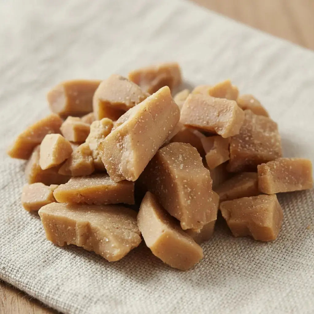 Gros plan sur un monticule de morceaux de résine Asa Foetida, montrant des fragments durs et cassants de couleur brun-caramel clair, sur un tissu beige.