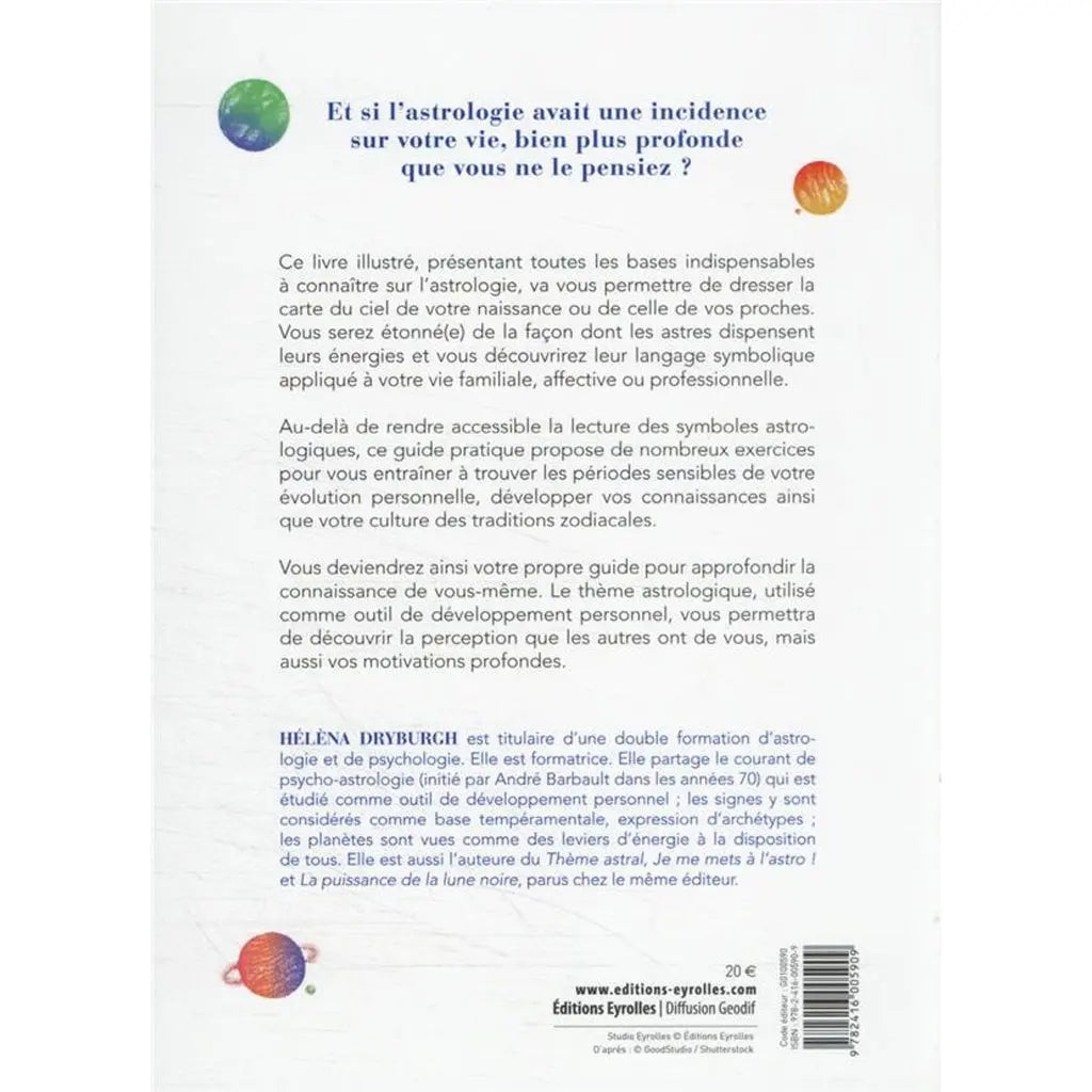 Quatrième de couverture du livre Se réaliser avec l'astrologie, présentant le résumé du guide sur fond blanc décoré de petites planètes.