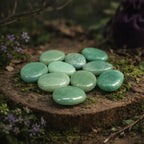 Plusieurs galets plats d'aventurine verte aux nuances d'herbe tendre, polis et brillants, disposés sur une souche de bois moussue en pleine forêt.
