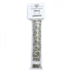 Bâton purificateur Triple Déesse en herbes séchées ficelées, conditionné dans un sachet transparent avec étiquette blanche.