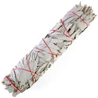 Bâton purificateur de sauge blanche pour fumigation, feuilles gris clair serrées et ficelées de rouge sur fond blanc.
