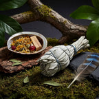 Bâton purificateur mini sauge blanche, petit fagot de feuilles gris pâle ficelées de bleu, posé sur mousse avec coquille rituelle et plume.