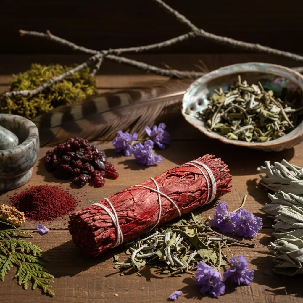 Bâton de fumigation sauge sang de dragon, feuilles rouge vif ficelées de blanc, posé sur table en bois avec herbes et fleurs violettes.