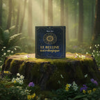 Coffret Le Belline Astrologique de Marc Neu posé sur une racine en forêt, illustré de symboles planétaires dorés sur fond bleu nuit.