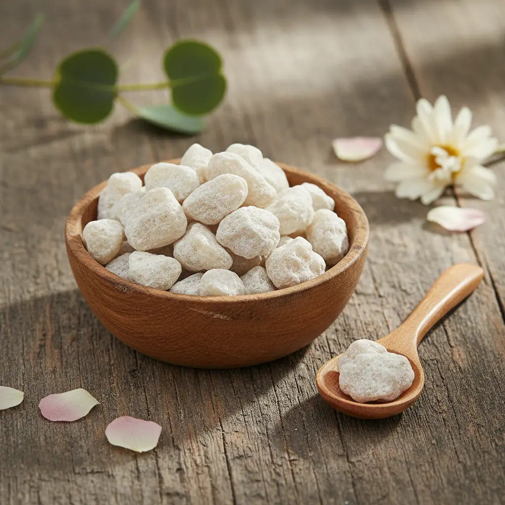 Encens benjoin blanc en grains dans une coupelle en bois avec petite cuillère sur table en bois.