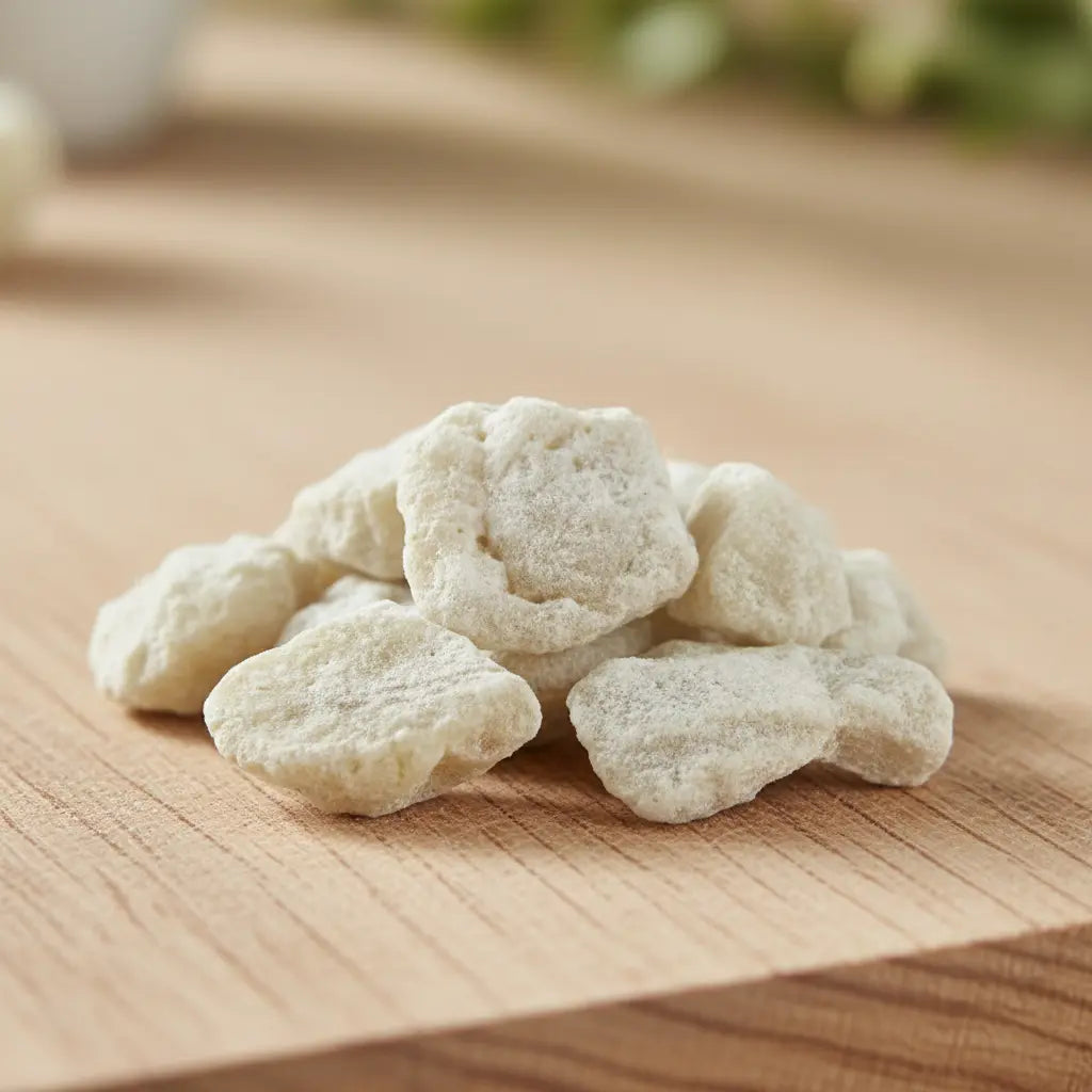 Gros plan sur des morceaux de résine d’encens benjoin blanc disposés sur une planche en bois.