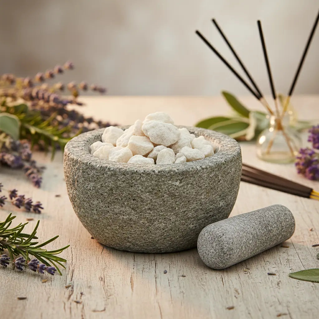 Encens benjoin blanc en grains dans un mortier en pierre avec pilon, entouré de lavande, romarin et bâtons d’encens.