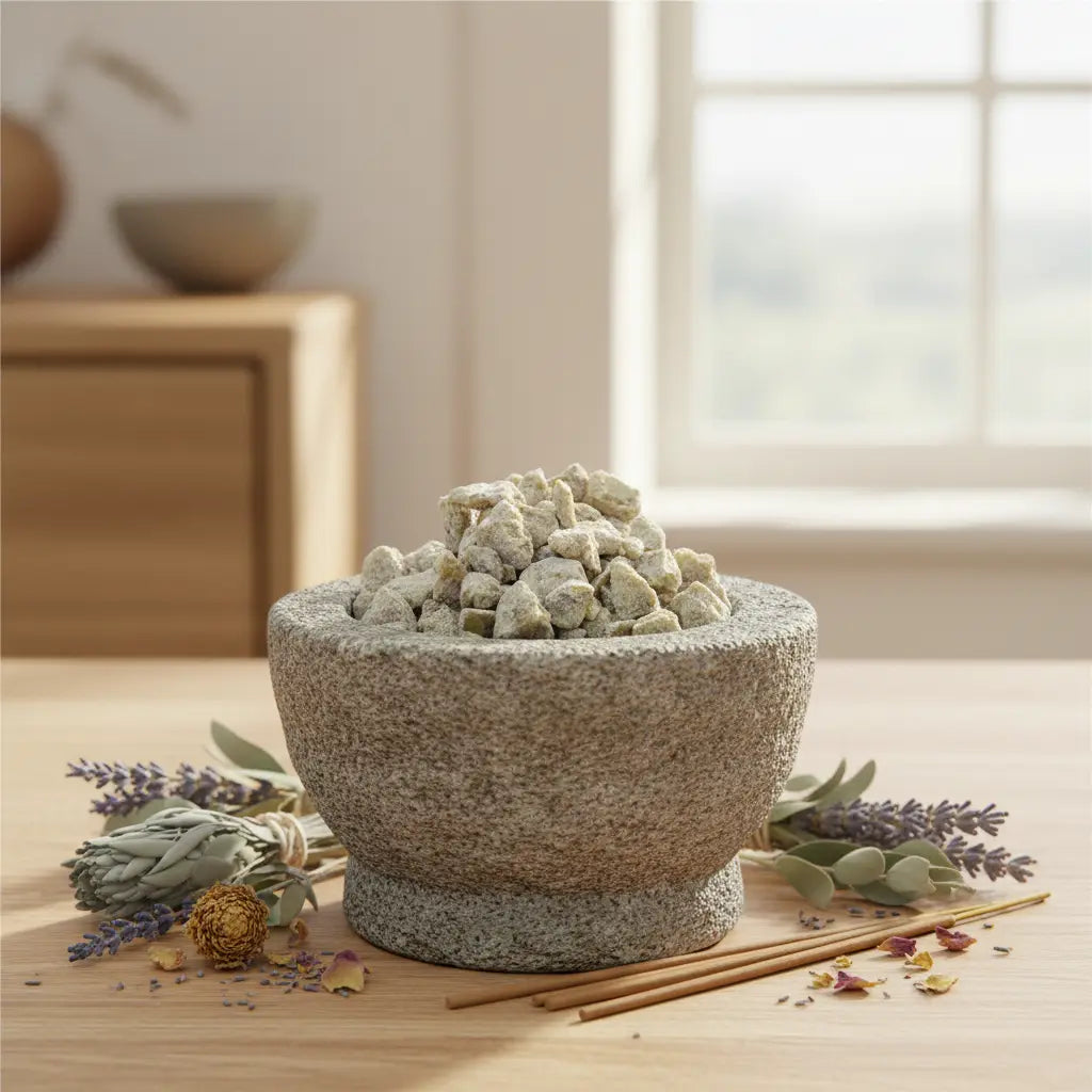 Morceaux de résine Benjoin Dragon Fly (gris-vert pâle) dans un mortier en granit gris, entouré de bouquets de lavande, de sauge blanche et de bâtonnets d'encens.