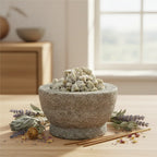 Morceaux de résine Benjoin Dragon Fly (gris-vert pâle) dans un mortier en granit gris, entouré de bouquets de lavande, de sauge blanche et de bâtonnets d'encens.