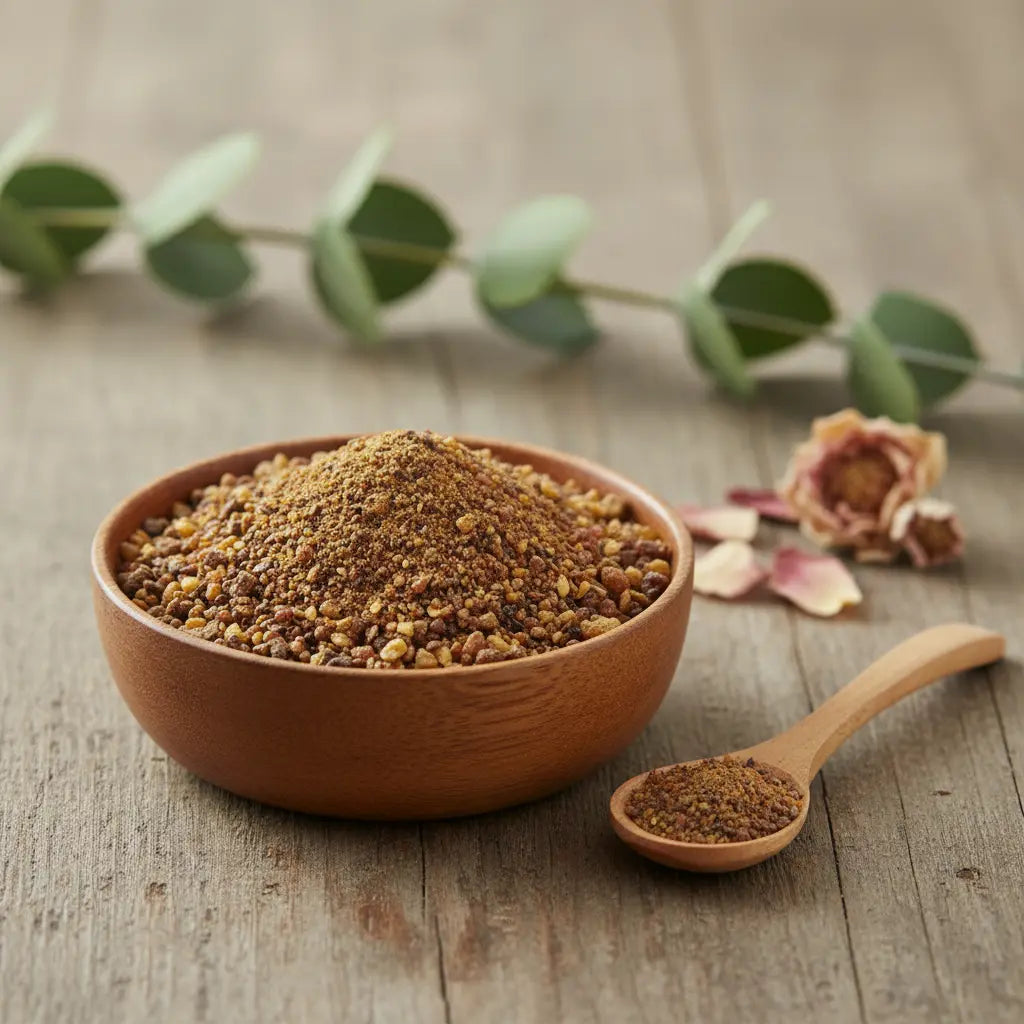 Encens en poudre et grains de résine Benjoin du Siam (couleur marron et doré), dans un petit bol en bois avec cuillère, sur une planche de bois rustique.
