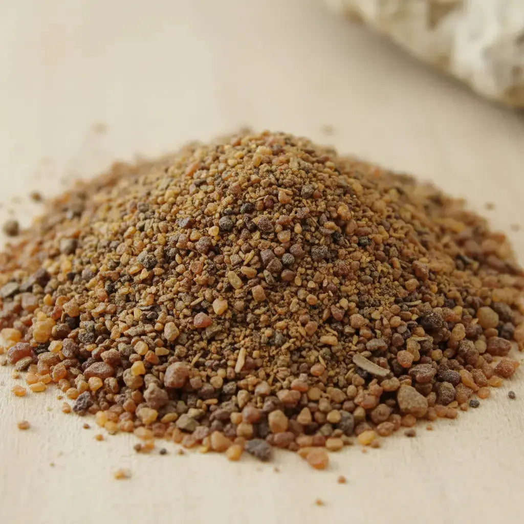 Gros plan sur un monticule de grains d'Encens Benjoin du Siam, montrant un mélange de poudre et de petits morceaux de résine brun-doré et ambré.