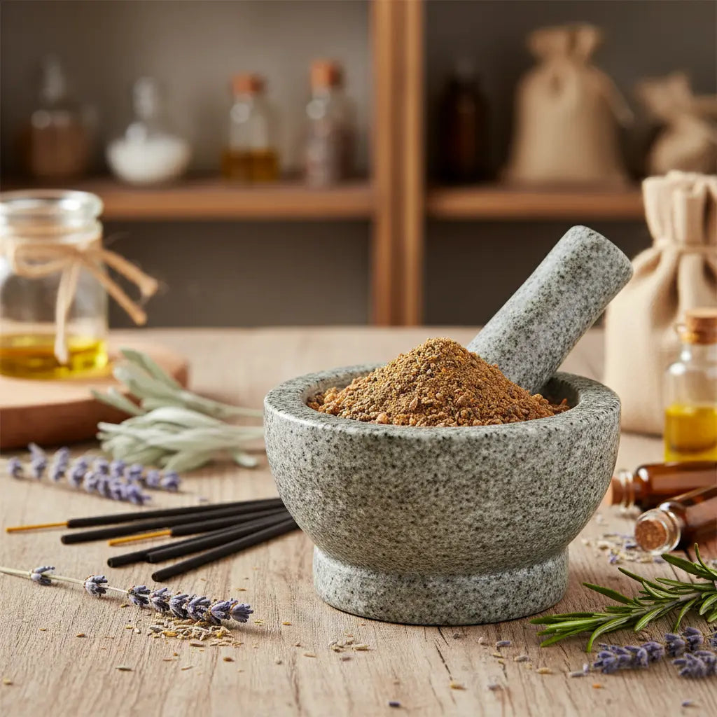 Encens Benjoin du Siam en poudre et grains (brun-doré) dans un mortier en granit gris avec pilon, entouré de brins de lavande, de sauge et d'huiles essentielles.