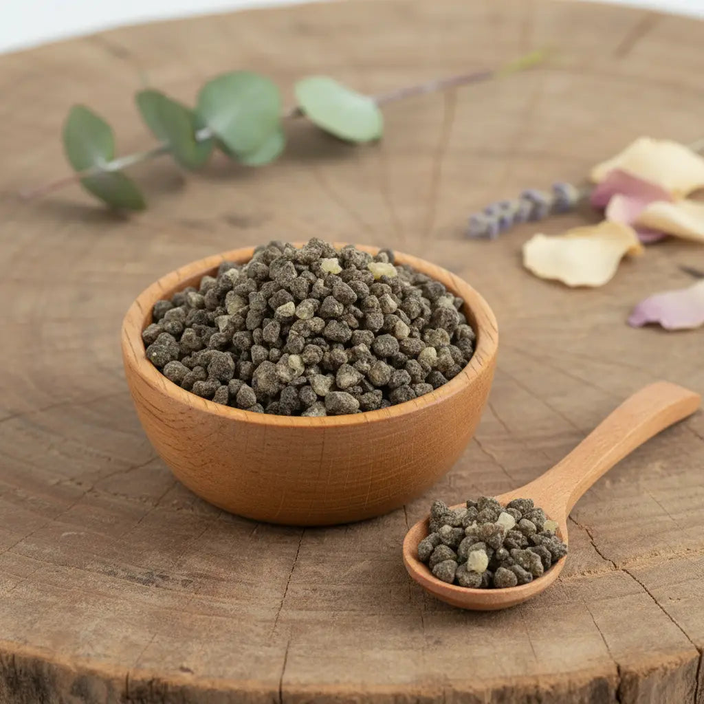 Grains de résine d'Encens Benjoin de Sumatra, de couleur gris-vert foncé, dans un petit bol en bois clair avec une cuillère, sur une tranche de tronc d'arbre rustique.
