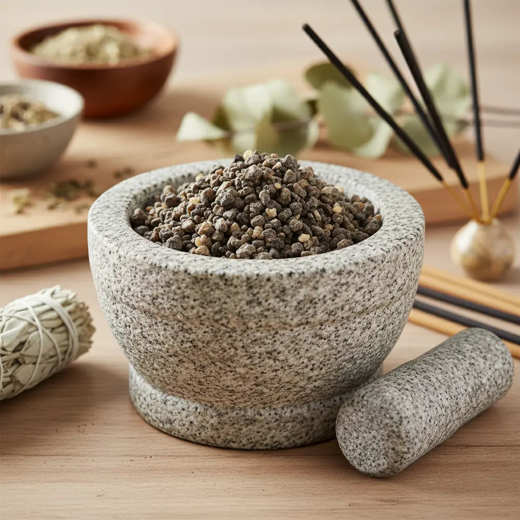 Grains de résine d'Encens Benjoin de Sumatra (gris-brun foncé) dans un mortier en granit gris avec pilon, entouré d'un bouquet de sauge blanche et de bâtonnets d'encens.