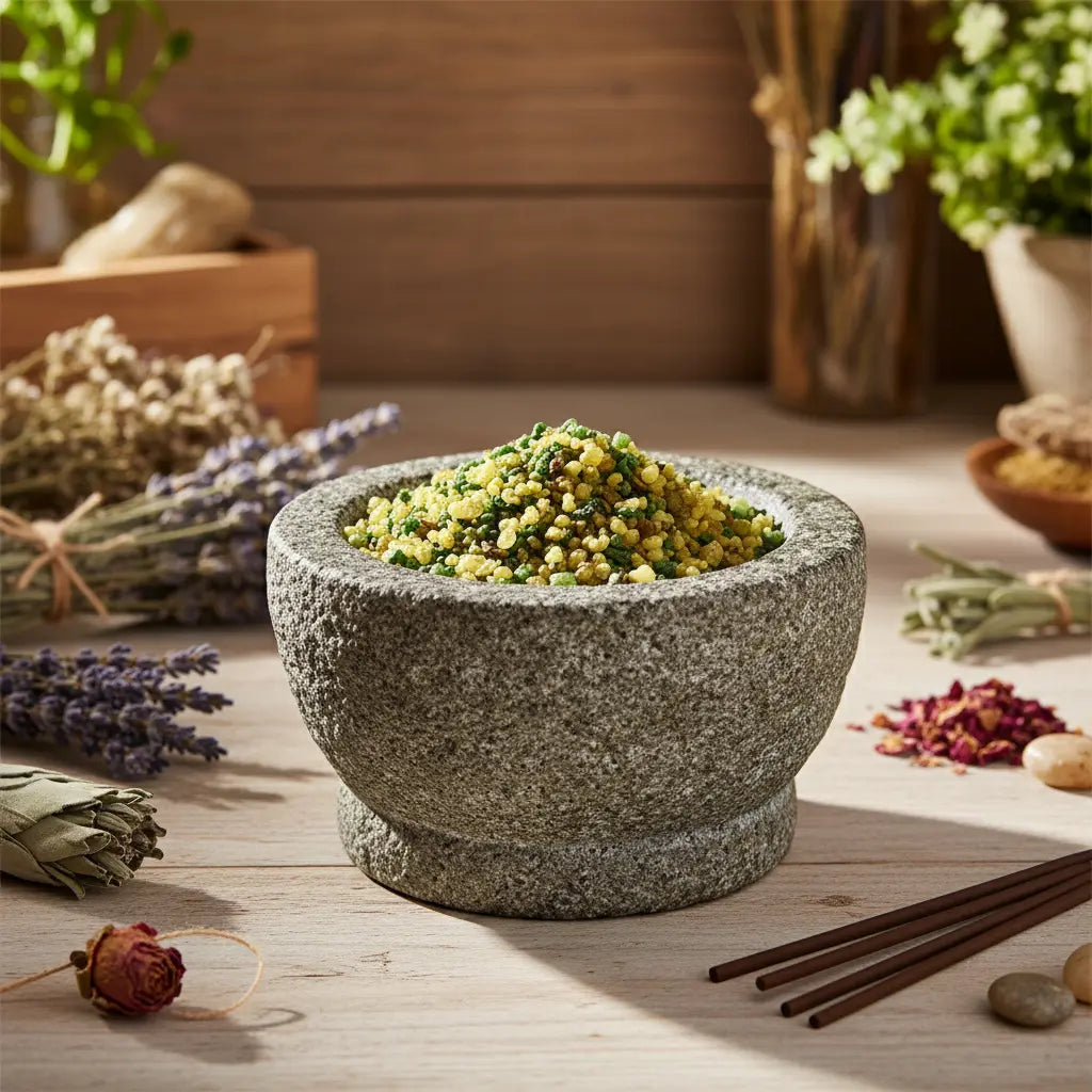 Grains d'encens de résine Bergamote (jaune et vert) dans un mortier en granit gris, entouré de brins de lavande, de sauge blanche et de bâtonnets d'encens.