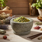 Grains d'encens de résine Bergamote (jaune et vert) dans un mortier en granit gris, entouré de brins de lavande, de sauge blanche et de bâtonnets d'encens.
