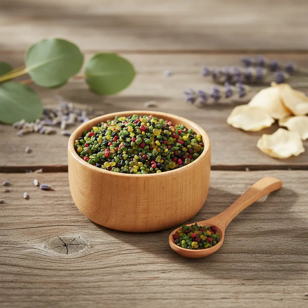 Grains d'encens de résine Bethléem, mélange de couleurs (vert émeraude, rouge, et noir), dans un petit bol en bois avec cuillère, sur une planche de bois rustique.