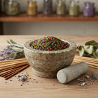 Grains d'encens de résine Bethléem (multicolore) dans un mortier en granit gris avec pilon, entouré de brins de lavande et de bâtonnets d'encens.