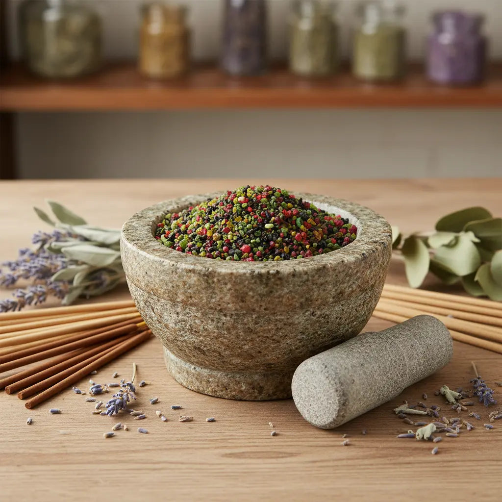 Grains d'encens de résine Bethléem (multicolore) dans un mortier en granit gris avec pilon, entouré de brins de lavande et de bâtonnets d'encens.