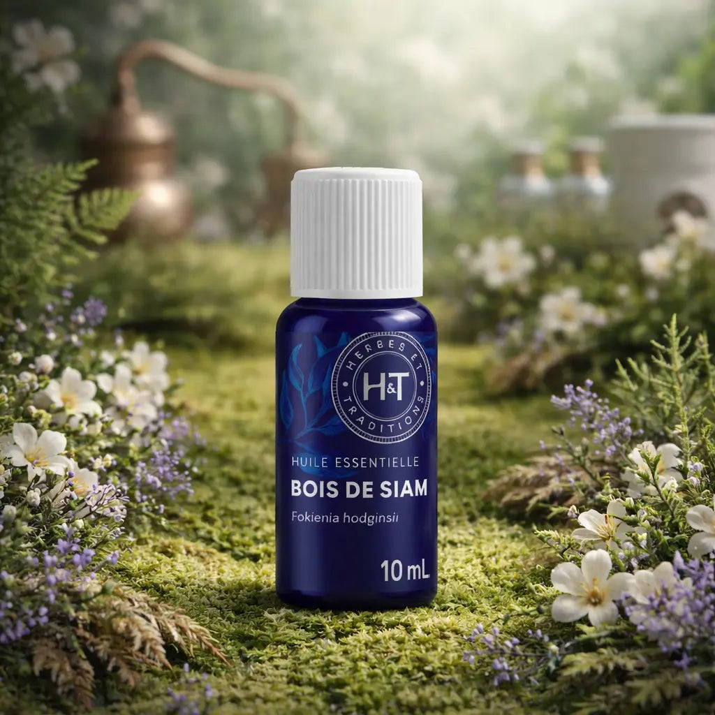 Flacon bleu d'huile essentielle de Bois de Siam Herbes et Traditions posé sur une mousse verte avec des fleurs blanches et violettes et un alambic traditionnel.