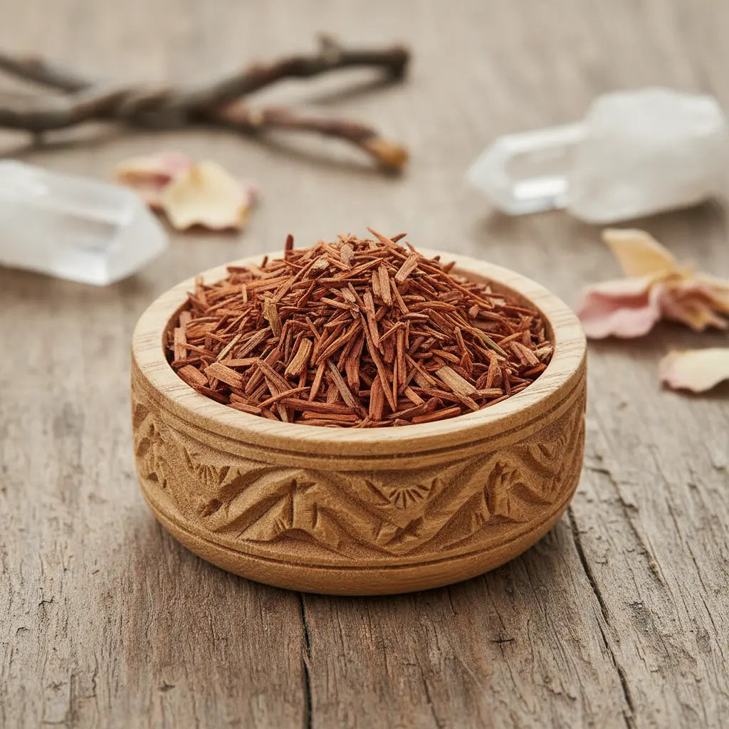 Bois de santal rouge pour fumigation, copeaux brun-rouge dans une coupelle en bois gravée sur table en bois avec cristaux et pétales.
