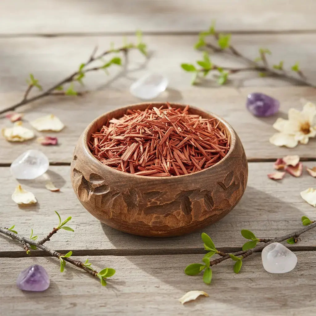 Bois de santal rouge pour fumigation, fins copeaux rouge-orangé dans une coupelle en bois gravée sur table en bois avec cristaux et brindilles.