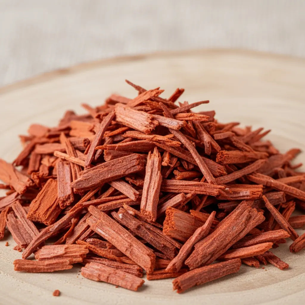 Bois de santal rouge pour fumigation, copeaux rouge-orangé en tas sur support en bois clair.