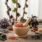 Bois de santal rouge pour fumigation, fins copeaux brun-rouge dans un mortier en bois clair avec pilon, entouré de lavande et herbes séchées.
